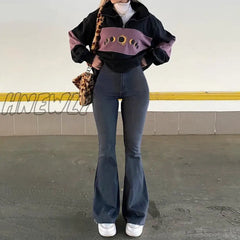 Hnewly Flare Wide Leg Jeans Women Elastic High Waist Skinny Mom Denim Pants Fashion Oversize Casual