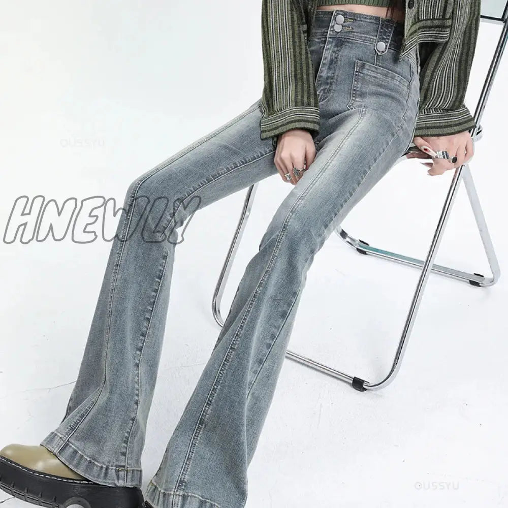 Hnewly Flared Jeans Woman Vintage High Waist Women Slim Stretch Denim Tight Pant Korean Street