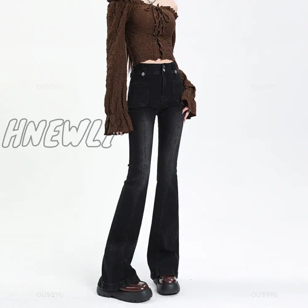 Hnewly Flared Jeans Woman Vintage High Waist Women Slim Stretch Denim Tight Pant Korean Street
