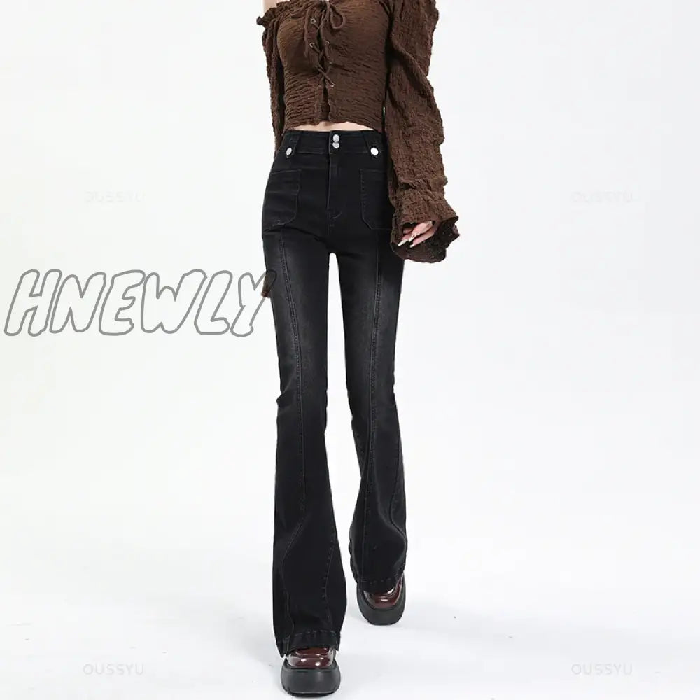 Hnewly Flared Jeans Woman Vintage High Waist Women Slim Stretch Denim Tight Pant Korean Street