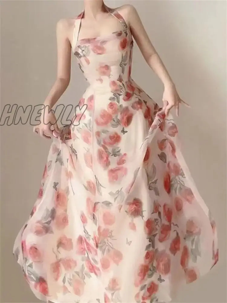 Hnewly Floral Dress For Women Sleeveless Party Ruffles Slim Fit Fairycore Midi A Llne Neck Mounted