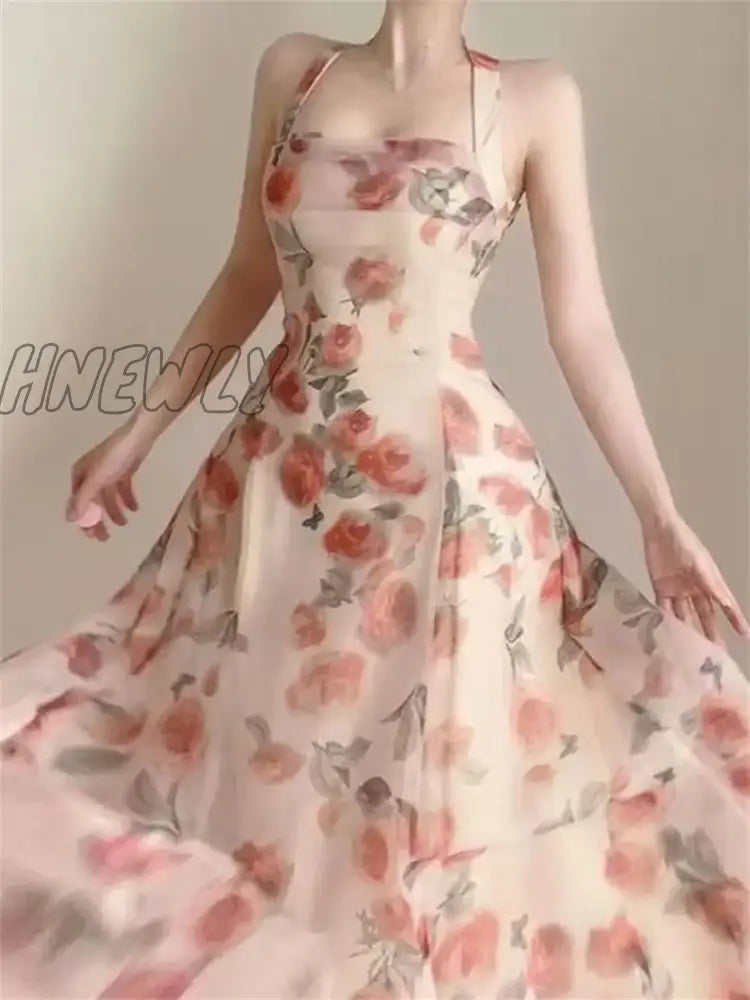 Hnewly Floral Dress For Women Sleeveless Party Ruffles Slim Fit Fairycore Midi A Llne Neck Mounted