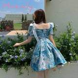 Hnewly Floral New Court Retro Style Dress Women Bowknot A-Line Elegant Lace Fairy Short Sleeve High