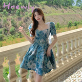 Hnewly Floral New Court Retro Style Dress Women Bowknot A-Line Elegant Lace Fairy Short Sleeve High