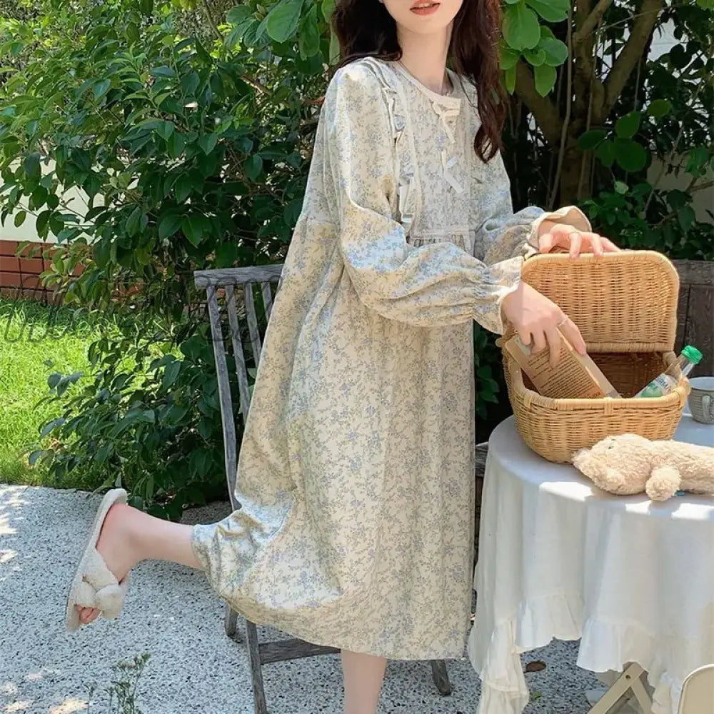 Hnewly Floral Print Nightgown Sleepwear Womens Korean Style Ruffles Night Dress One Piece Pajamas