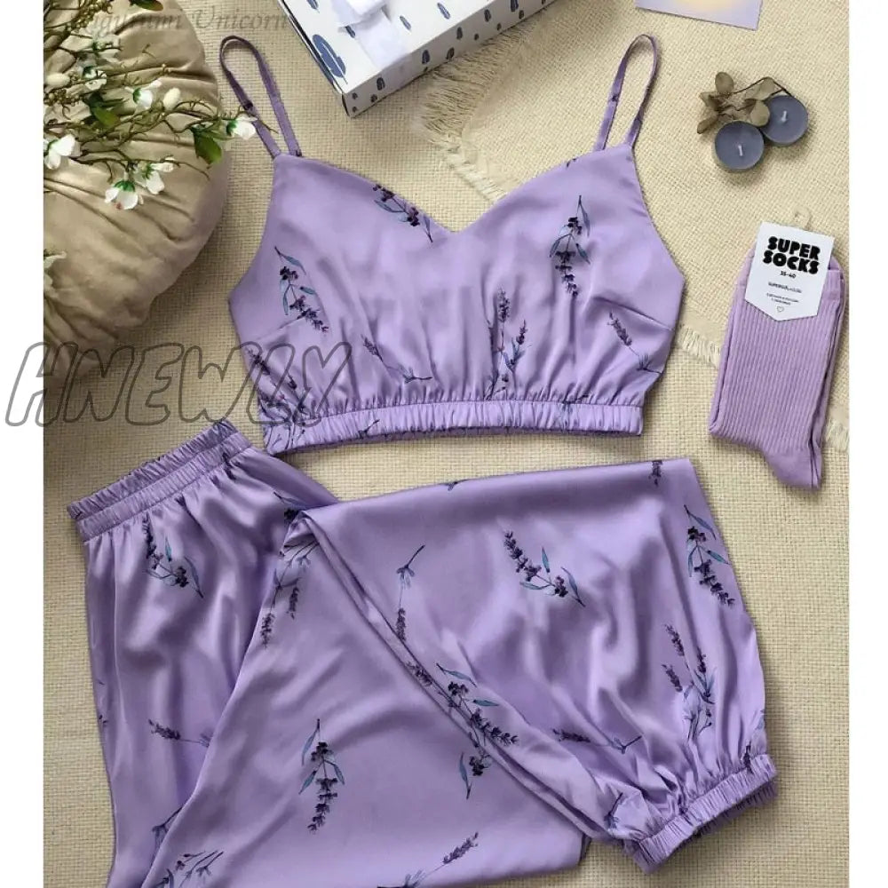 Hnewly Floral Printed Sleepwear Silk Robe Suit Womens Satin Pajamas Gown Set V - Neck Cami Nighties