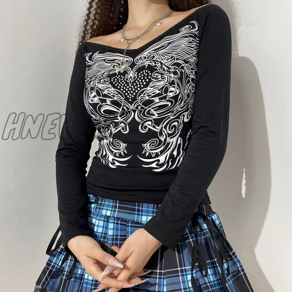 Hnewly Floral Y2K Crop Top Rhinestone Grunge Fairycore T Shirt White Frill Long Sleeve Pullover