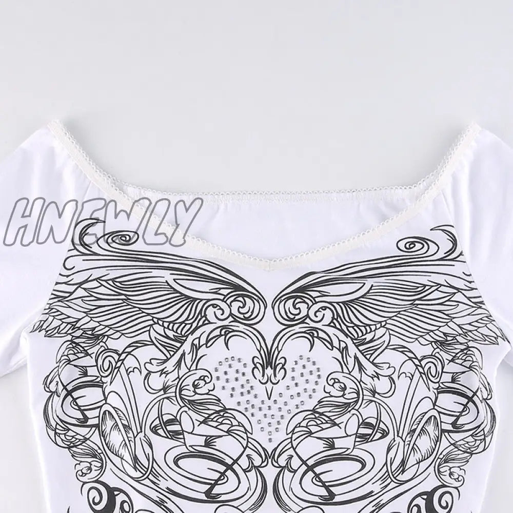 Hnewly Floral Y2K Crop Top Rhinestone Grunge Fairycore T Shirt White Frill Long Sleeve Pullover