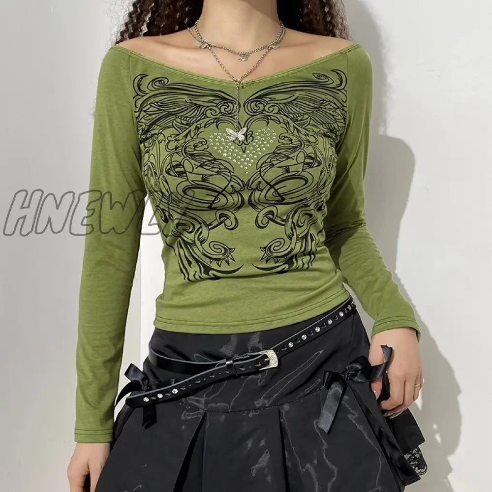 Hnewly Floral Y2K Crop Top Rhinestone Grunge Fairycore T Shirt White Frill Long Sleeve Pullover