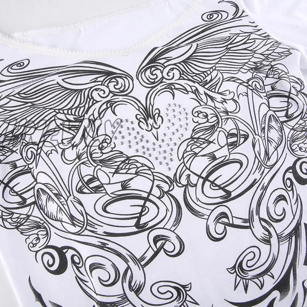 Hnewly Floral Y2K Crop Top Rhinestone Grunge Fairycore T Shirt White Frill Long Sleeve Pullover