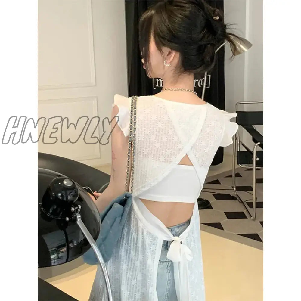 Hnewly Flying Sleeve Dress Women Solid Bandage Hollow Out A Line Midi Dresses Elegant Korean Chic