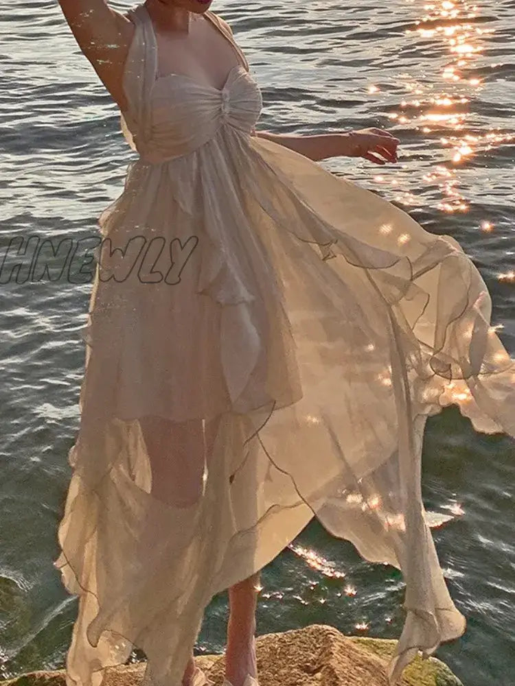 Hnewly France Fashion Irregular Beach Strap Dress Female Elegant Chiffon Fairy Party Vestidos Korea
