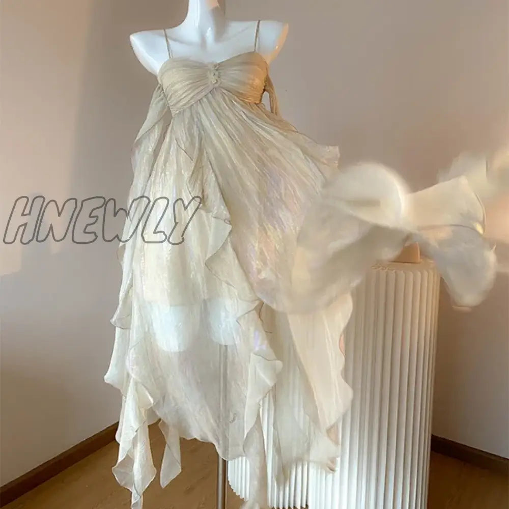 Hnewly France Fashion Irregular Beach Strap Dress Female Elegant Chiffon Fairy Party Vestidos Korea