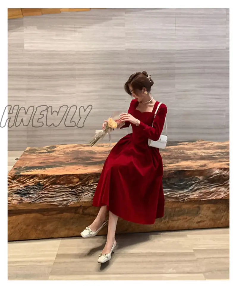 Hnewly France Vintage Dress Women Autumn Winter Solid Retro Elegant Evening Party Midi Long Slevee