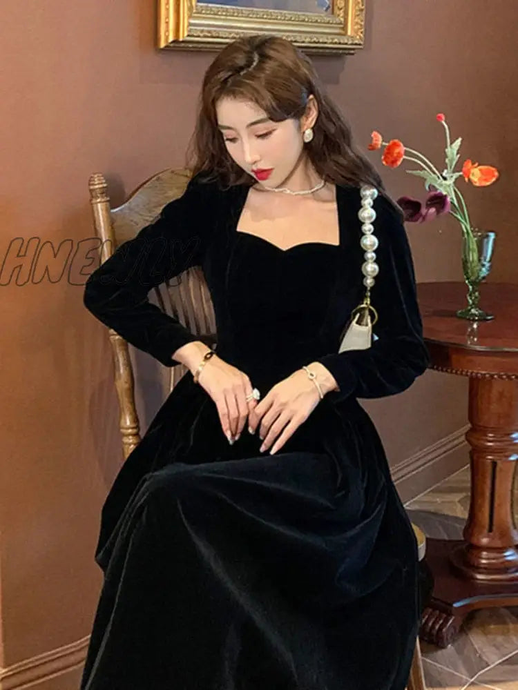 Hnewly France Vintage Dress Women Autumn Winter Solid Retro Elegant Evening Party Midi Long Slevee