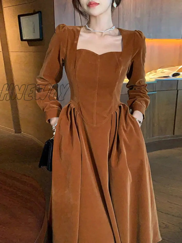Hnewly France Vintage Dress Women Autumn Winter Solid Retro Elegant Evening Party Midi Long Slevee