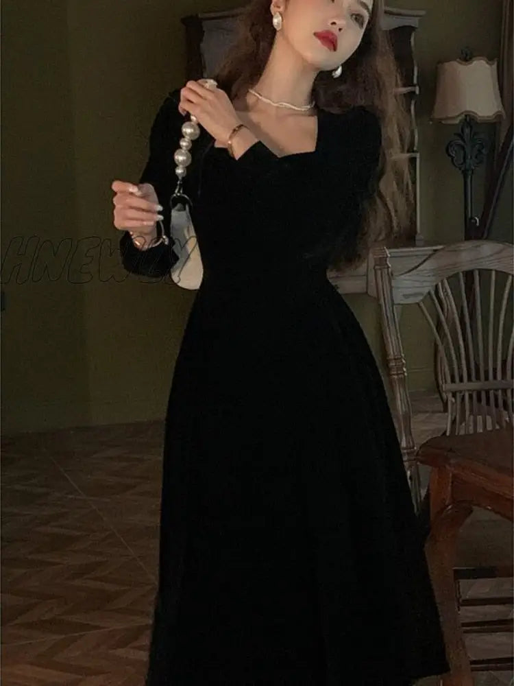 Hnewly France Vintage Dress Women Autumn Winter Solid Retro Elegant Evening Party Midi Long Slevee