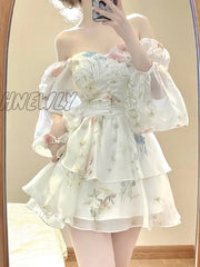Hnewly French Elegant Floral Mini Dress Chiffon Long Sleeve Evening Party Women Holiday Beach Boho