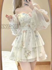 Hnewly French Elegant Floral Mini Dress Chiffon Long Sleeve Evening Party Women Holiday Beach Boho