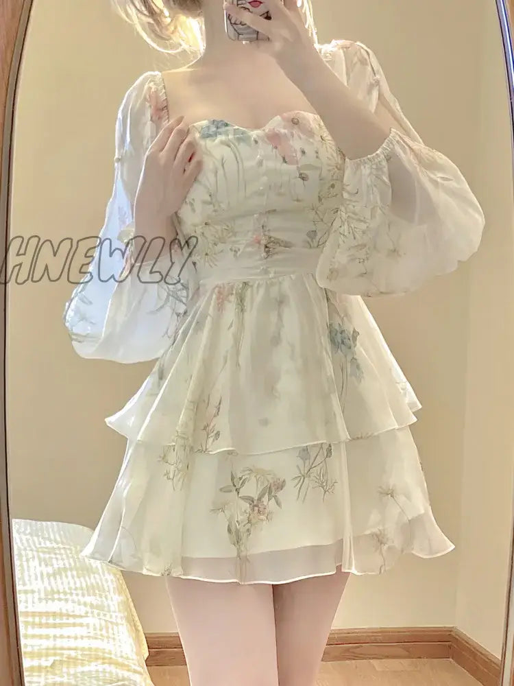 Hnewly French Elegant Floral Mini Dress Chiffon Long Sleeve Evening Party Women Holiday Beach Boho