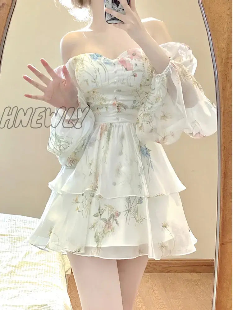 Hnewly French Elegant Floral Mini Dress Chiffon Long Sleeve Evening Party Women Holiday Beach Boho