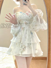 Hnewly French Elegant Floral Mini Dress Chiffon Long Sleeve Evening Party Women Holiday Beach Boho