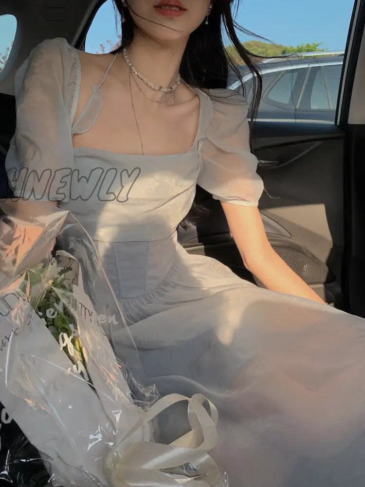 Hnewly French Elegant Midi Dress Women Short Sleeve Beach Style Fairy hnewly Hnewly French Elegant Midi Dress Women Short Sleeve Beach Style Fairy hnewly