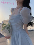 Hnewly French Elegant Midi Dress Women Short Sleeve Beach Style Fairy Even Party Office Lady Korean