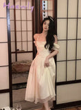 Hnewly French Elegant Midi Dress Women Short Sleeve Beach Style Fairy Even Party Office Lady Korean