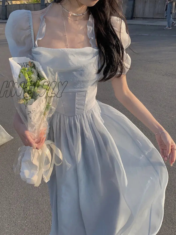 Hnewly French Elegant Midi Dress Women Short Sleeve Beach Style Fairy Even Party Office Lady Korean