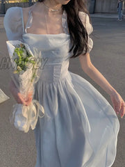 Hnewly French Elegant Midi Dress Women Short Sleeve Beach Style Fairy Even Party Office Lady Korean
