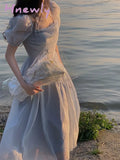 Hnewly French Elegant Midi Dress Women Short Sleeve Beach Style Fairy Dress Even Party Office Lady Korean Clothing Summer Corset