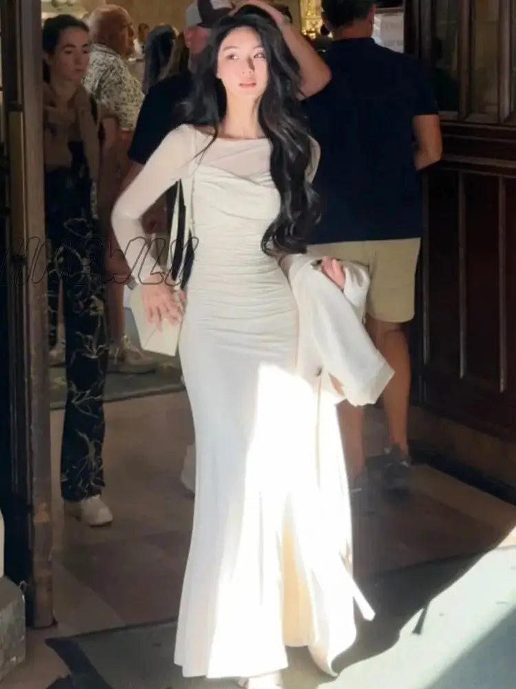 Hnewly French Elegant Women New White Mermaid Dress Fashion Patchwork Lady Slim Vestidos Clothes