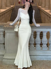 Hnewly French Elegant Women New White Mermaid Dress Fashion Patchwork Lady Slim Vestidos Clothes