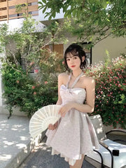 Hnewly French Halterneck Tube Top Backless Mini Dress Spring Sexy Party Female Dresses Korea Sweet