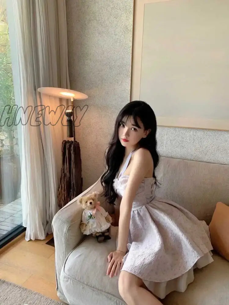 Hnewly French Halterneck Tube Top Backless Mini Dress Spring Sexy Party Female Dresses Korea Sweet
