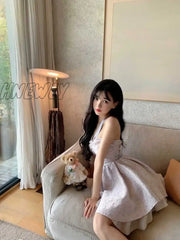 Hnewly French Halterneck Tube Top Backless Mini Dress Spring Sexy Party Female Dresses Korea Sweet