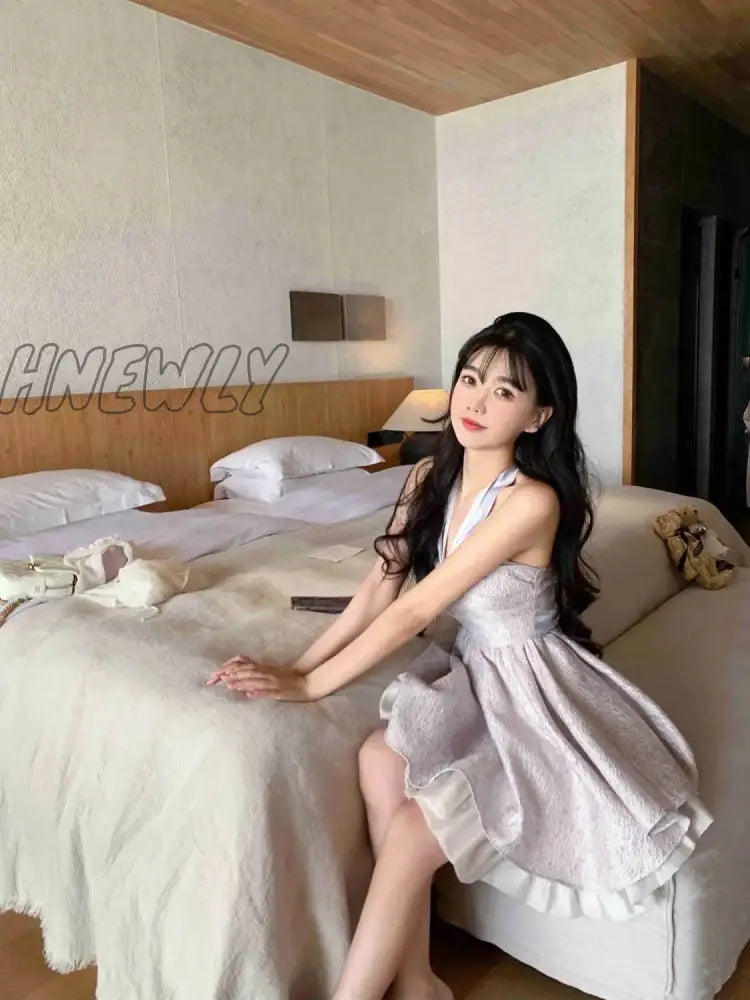 Hnewly French Halterneck Tube Top Backless Mini Dress Spring Sexy Party Female Dresses Korea Sweet