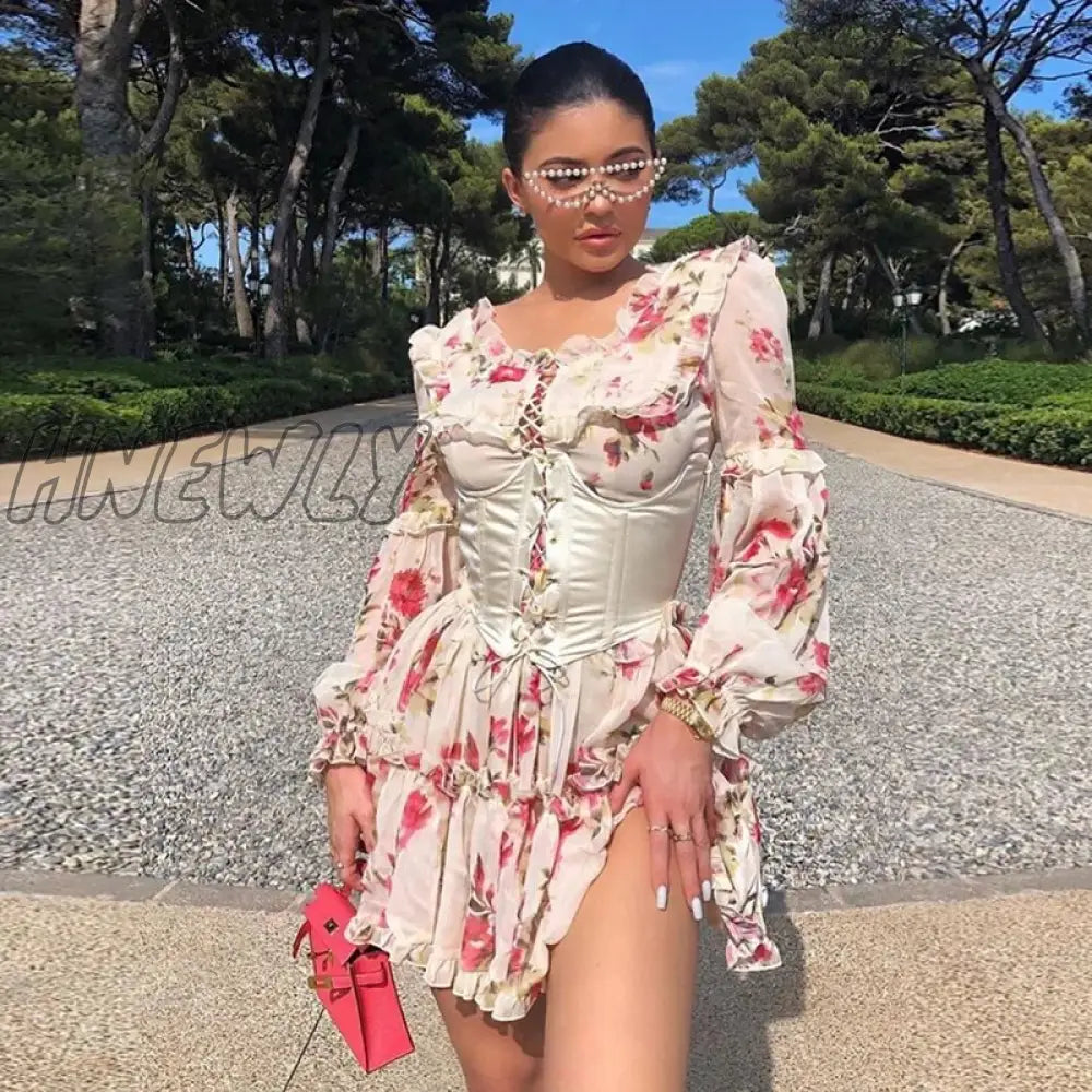 Hnewly French Romance Sexy Backless Mini Dresses Chic Women Off Shoulder Full Sleeve Corset Pleated