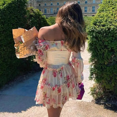 Hnewly French Romance Sexy Backless Mini Dresses Chic Women Off Shoulder Full Sleeve Corset Pleated