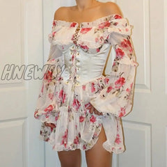 Hnewly French Romance Sexy Backless Mini Dresses Chic Women Off Shoulder Full Sleeve Corset Pleated