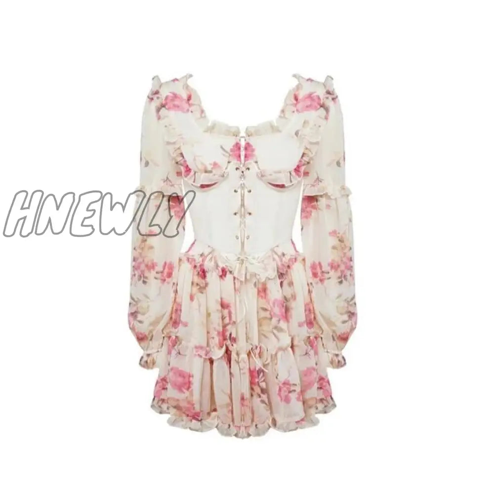 Hnewly French Romance Sexy Backless Mini Dresses Chic Women Off Shoulder Full Sleeve Corset Pleated