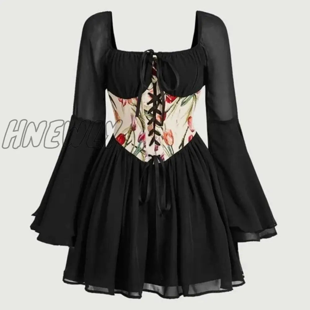 Hnewly French Romance Sexy Backless Mini Dresses Chic Women Off Shoulder Full Sleeve Corset Pleated