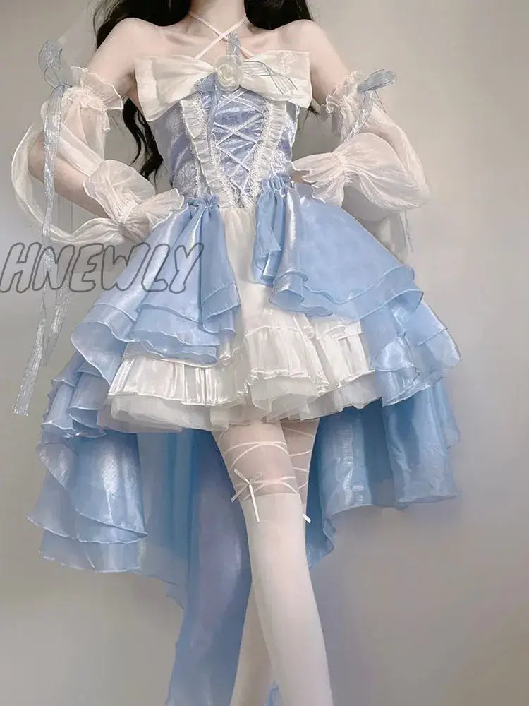 Hnewly French Romantic Style Lolita Op Elegant Girl Cosplay Princess Puff Sleeve Ribbon Bowknot