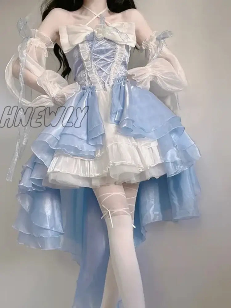 Hnewly French Romantic Style Lolita Op Elegant Girl Cosplay Princess Puff Sleeve Ribbon Bowknot