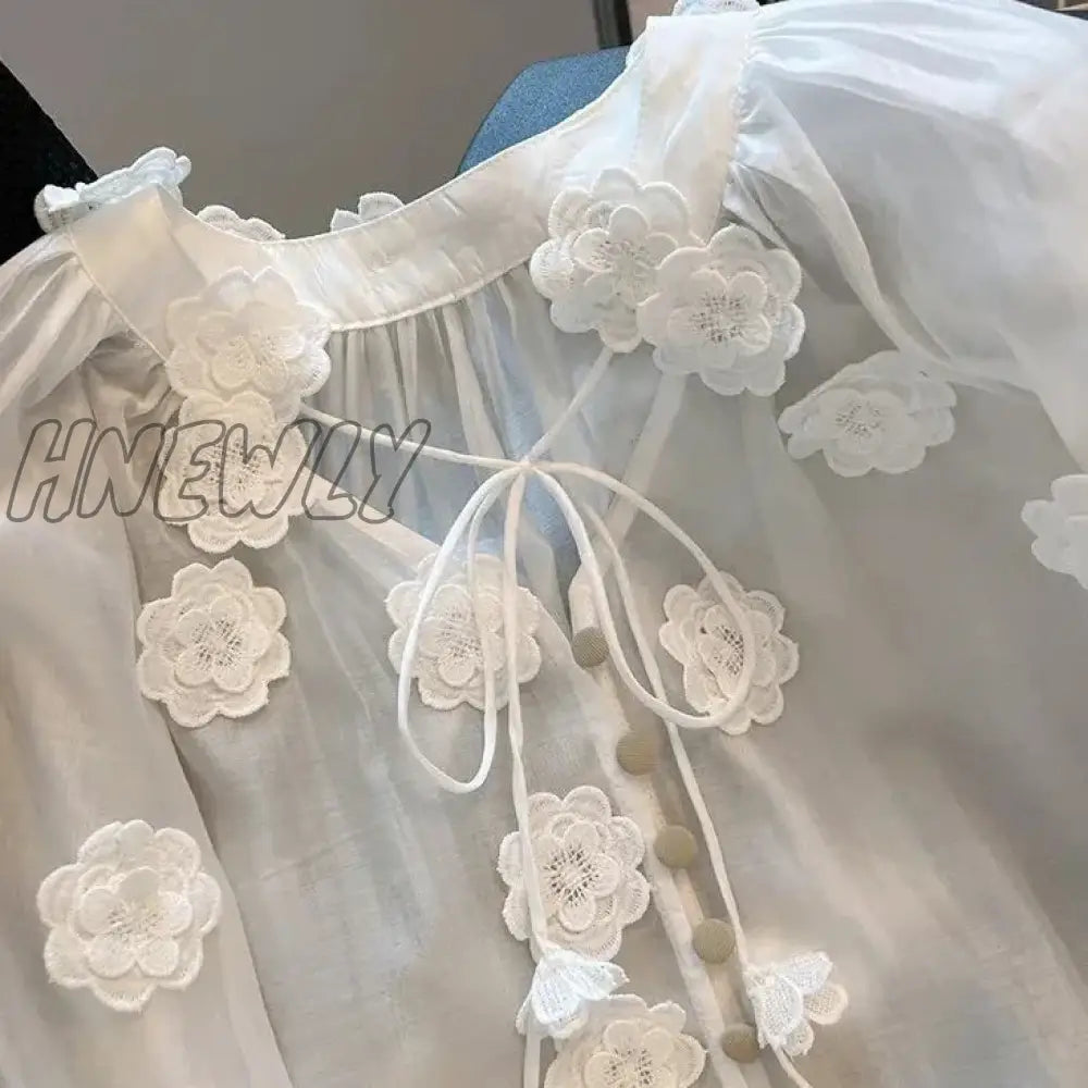 Hnewly French Style Elegant V-Neck 3D Floral Lace-Up White Blouses Summer Women’s Casual Vintage