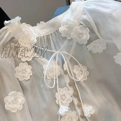 Hnewly French Style Elegant V-Neck 3D Floral Lace-Up White Blouses Summer Women’s Casual Vintage