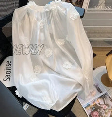 Hnewly French Style Elegant V-Neck 3D Floral Lace-Up White Blouses Summer Women’s Casual Vintage