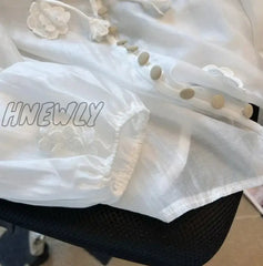 Hnewly French Style Elegant V-Neck 3D Floral Lace-Up White Blouses Summer Women’s Casual Vintage