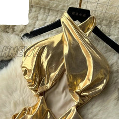 Hnewly French Style Hollow Out Shiny Short Skirt Fashion Halter Ruched Backless Bodycon Sexy Dress